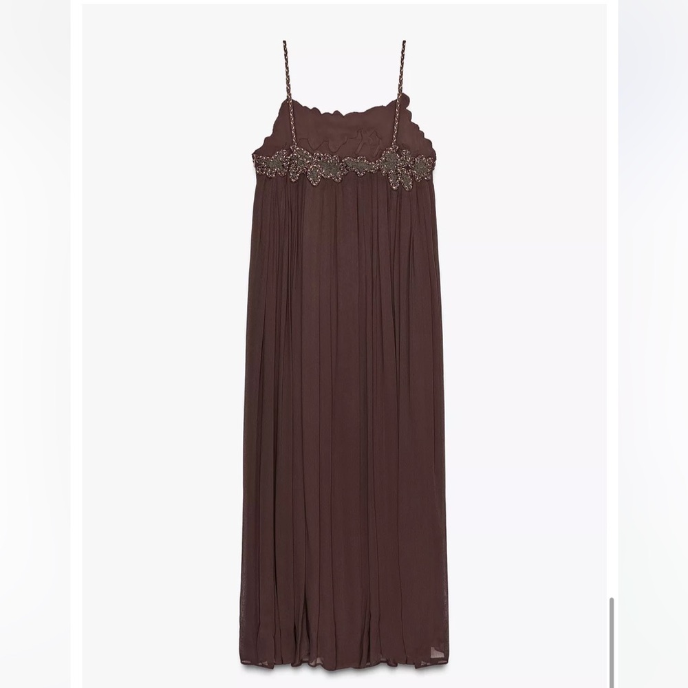 Zara NWT ZW Collection long embroidered dress brown 6895/282 - Picture 6 of 12
